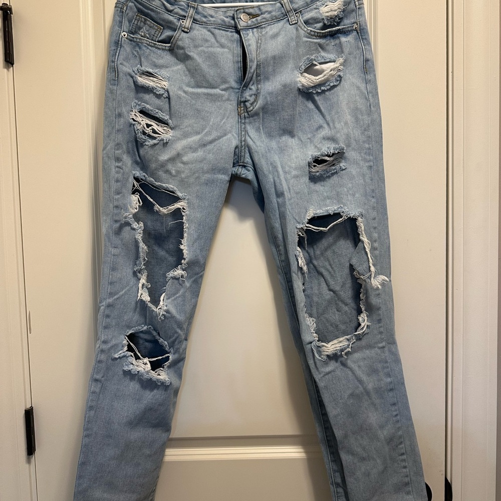 SHEIN Blue Straight Leg Jeans with Distressed Details